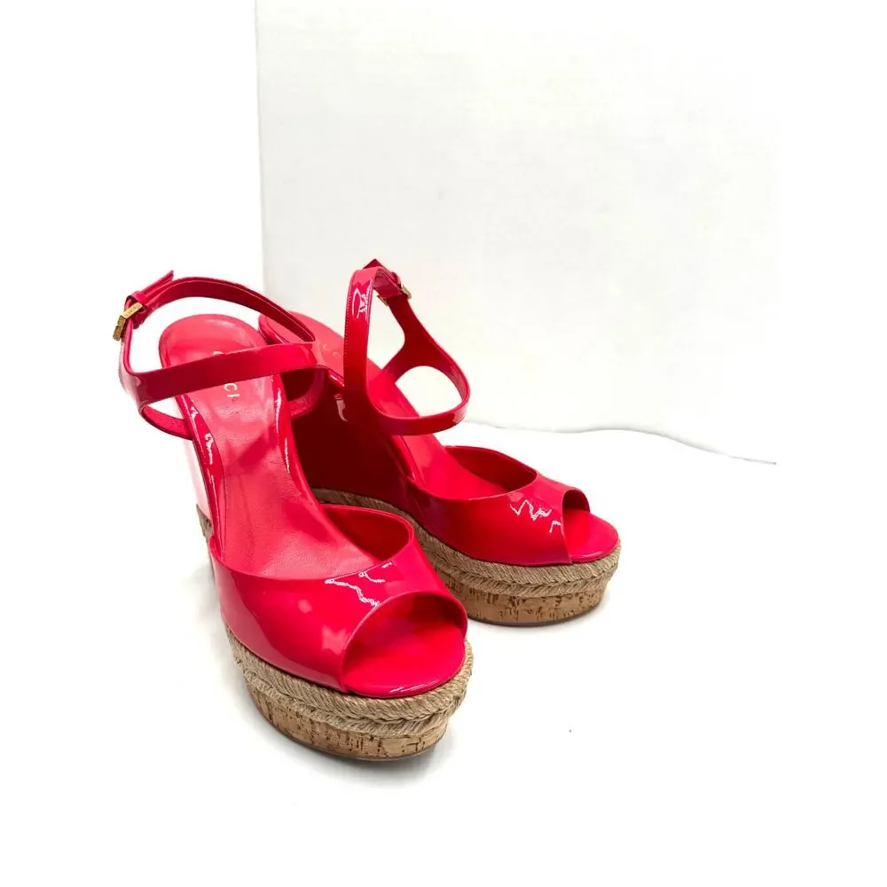 Gucci Holie Coral Red Patent Leather Platform Wedge Sandals Size EU 37